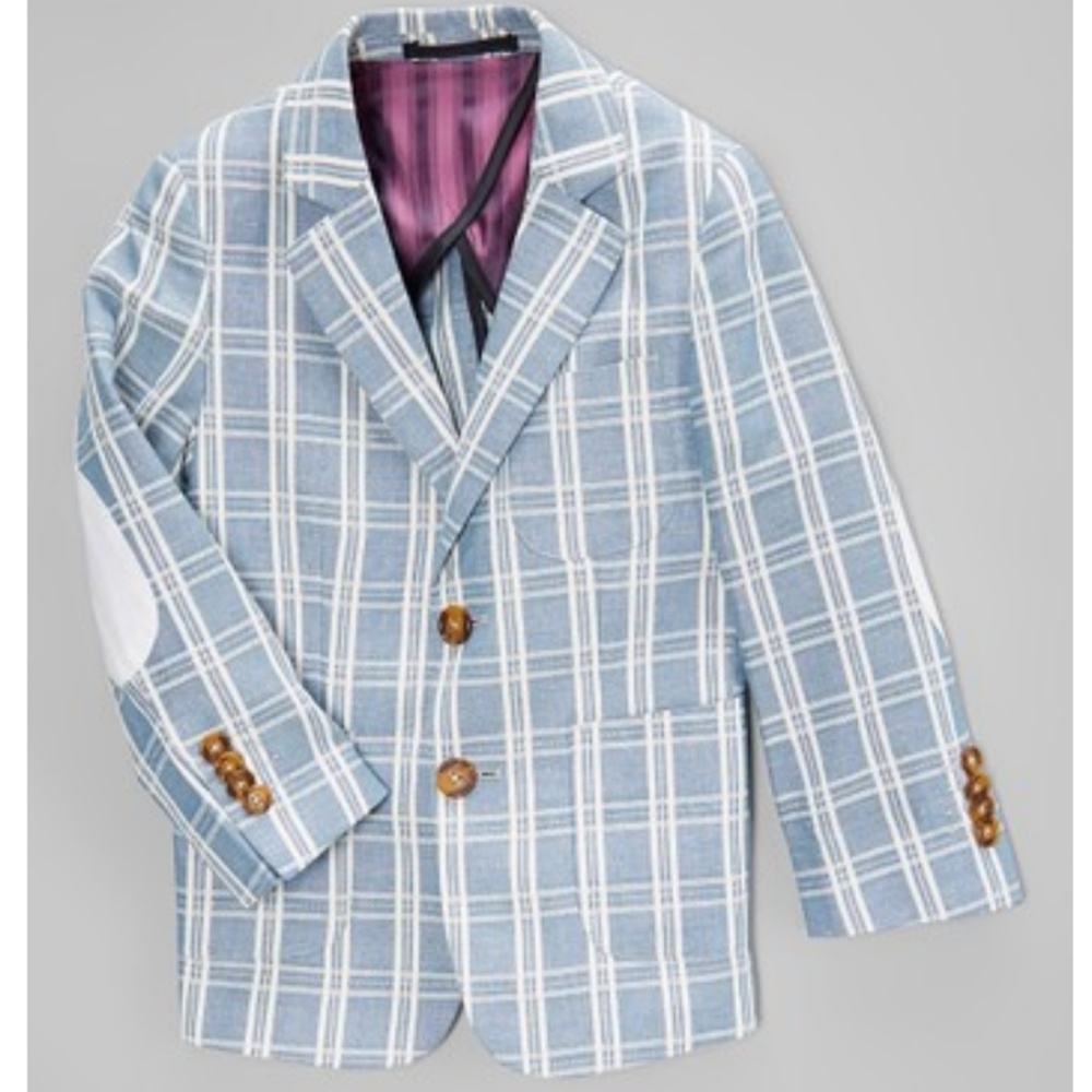New AXNY Blue & White Elbow-Patch Linen Blazer